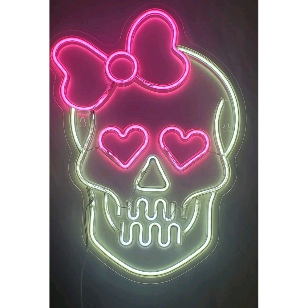 Girly Skull LED Neon Sign Heart Eyes Pink Bow Halloween Wall Decor Light USB